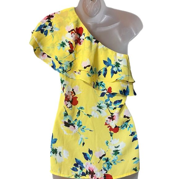 Rose & Olive Yellow Floral Ruffled Shoulder Blouse Sz Small Dopamine Colorful - Picture 7 of 8